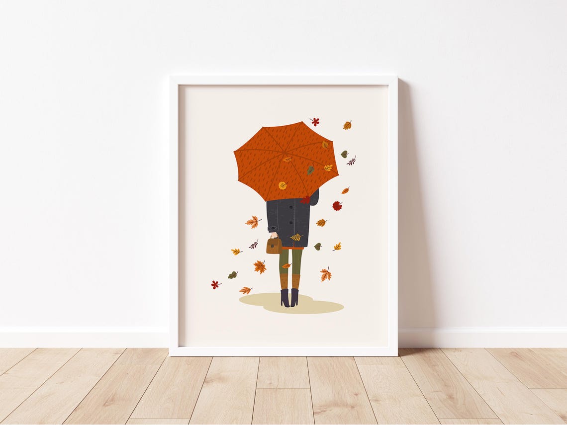 Girl With Orange Umbrella Autumn Falling Leaves Illustration Poster - Image 2