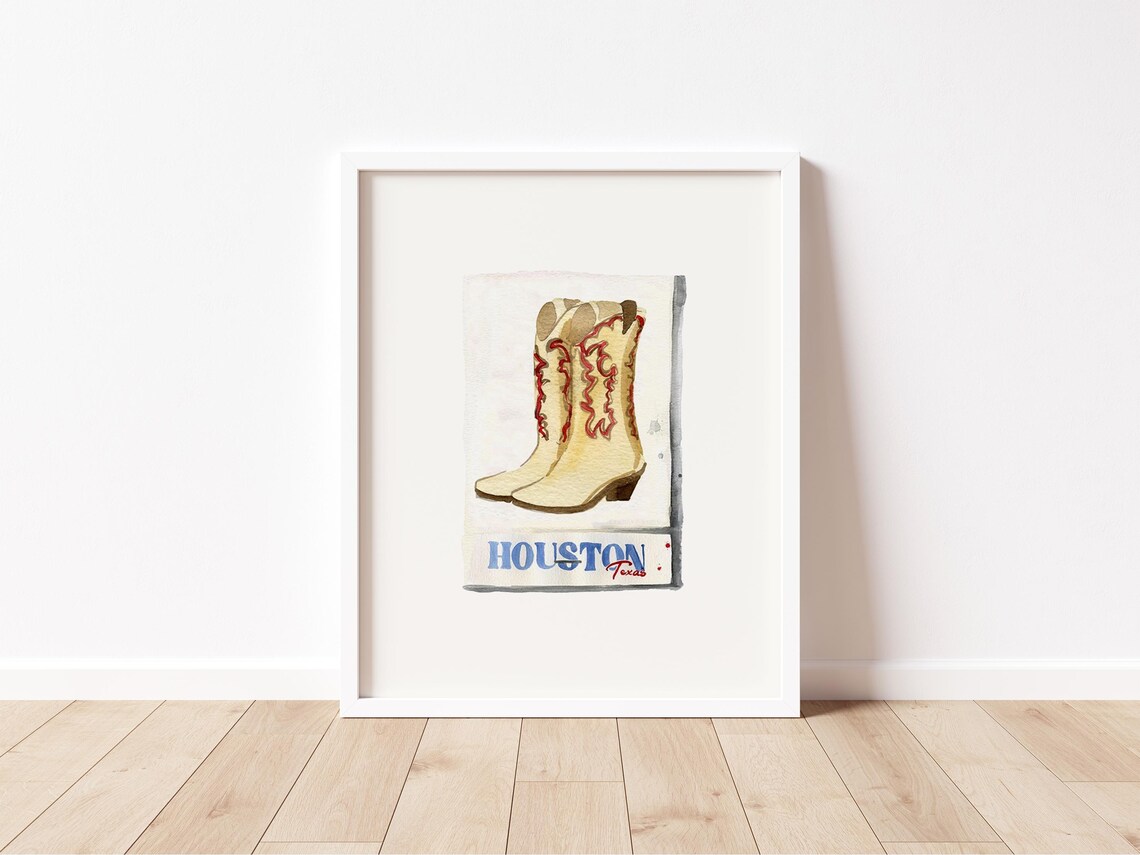 Houston Texas Cowboy Boots Watercolor Matchbox Style Wall Art - Image 2