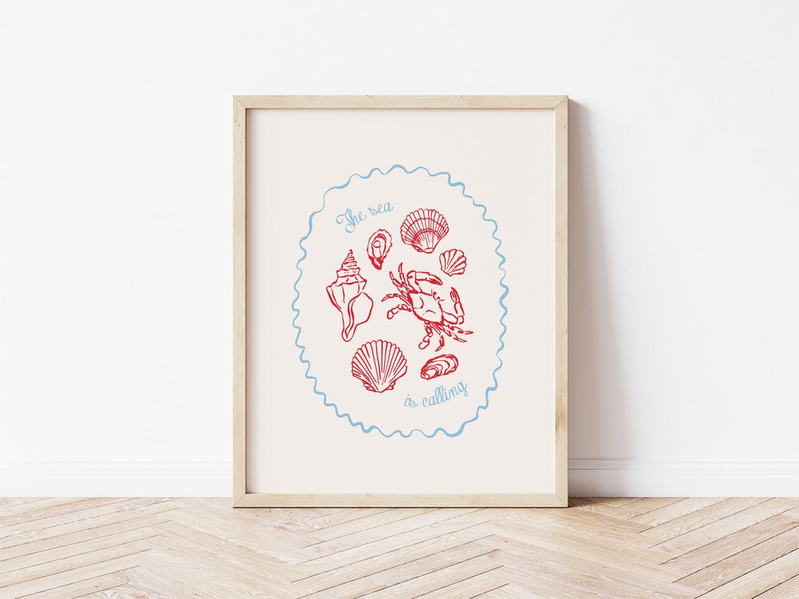 The Sea Is Calling Red Shells Crab Bright Coastal Line Art Poster - Image 2