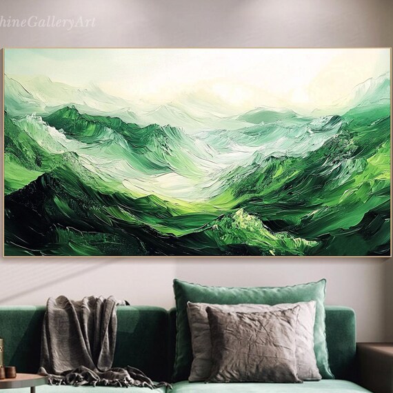 Abstract Mountain Landscape Painting On 3d Original Green Nature Textured Wall Art Modern Scenic Artwork Large Living Room Decor