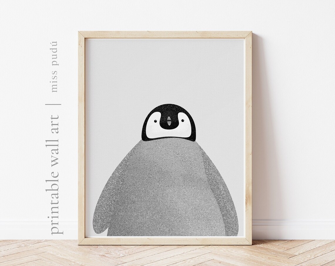 Cute Baby Penguin Front View Black And White Nursery Animal Print