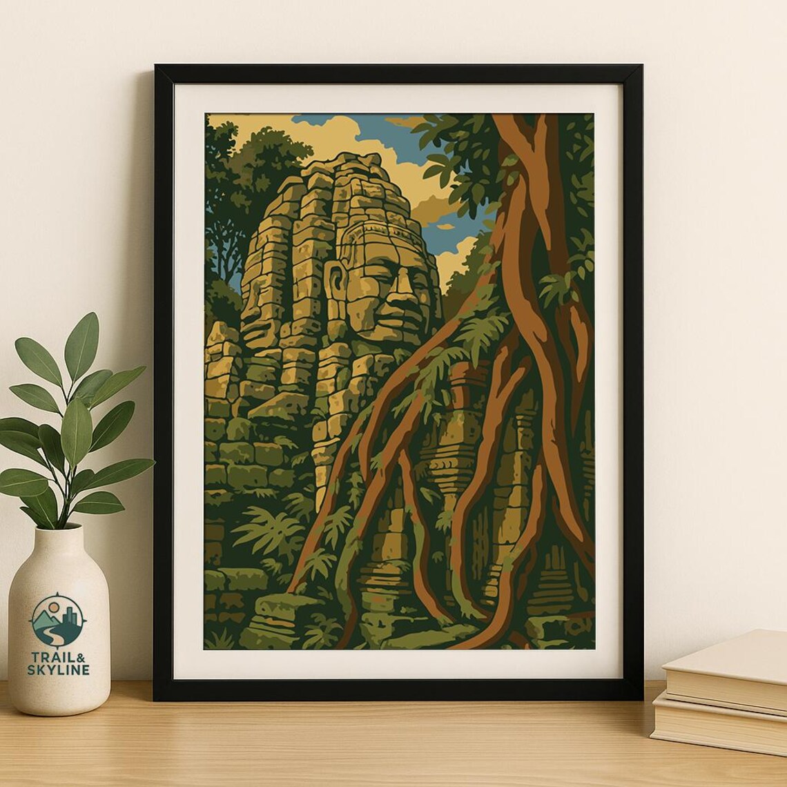 Bayon Temple Stone Face Jungle Roots Cambodia Travel Art Poster