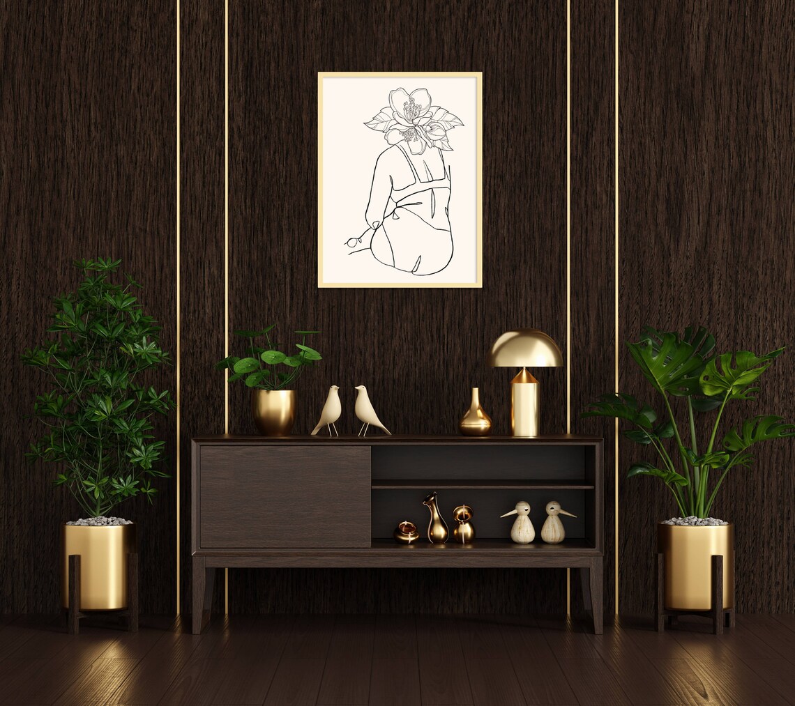Seated Woman Flower Head Back View Minimalist Line Art Poster - Image 3