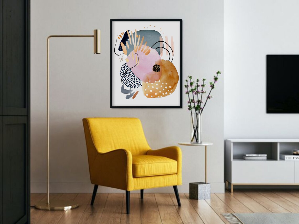 Pink Navy Dots Caramel Gold Abstract Watercolor Shapes Art Poster - Image 2