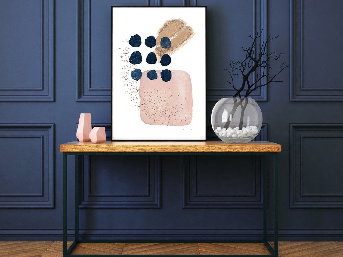 Navy Dots Blush Pink Gold Glitter Neutral Abstract Art Poster - Image 2