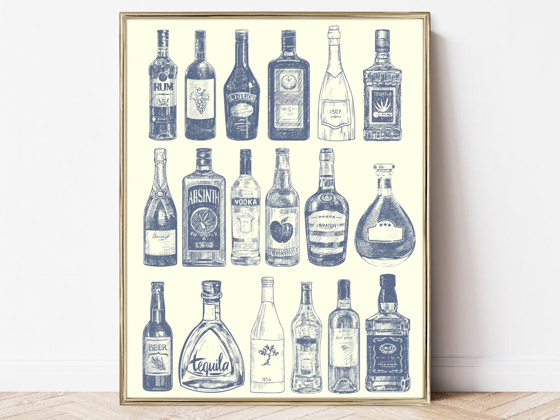 Vintage Liquor Bottles Bar Art Print, Home Bar Decor