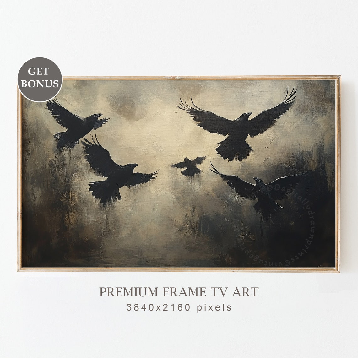 Five Black Crows In Flight Dark Moody Stormy Sky Gothic Art Poster