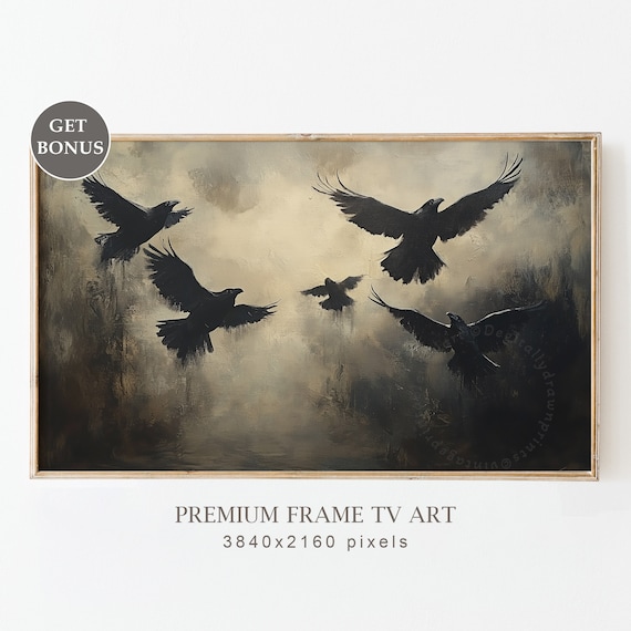 Five Black Crows In Flight Dark Moody Stormy Sky Gothic Art Poster