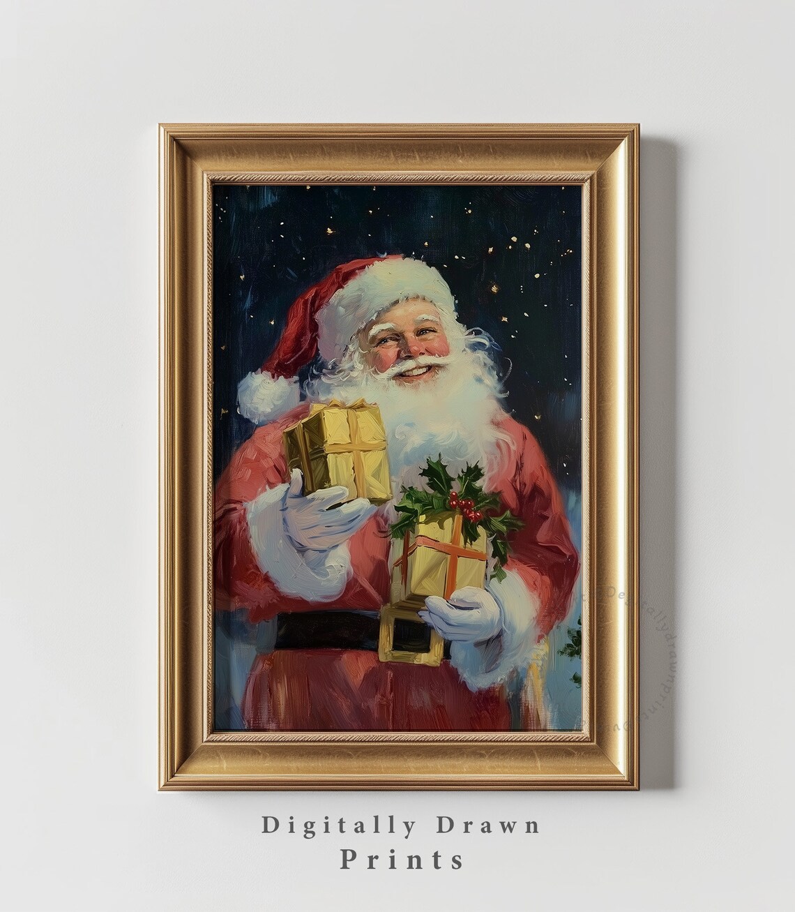 Smiling Santa Claus Holding Gold Gifts Vintage Oil Painting Poster - Image 2