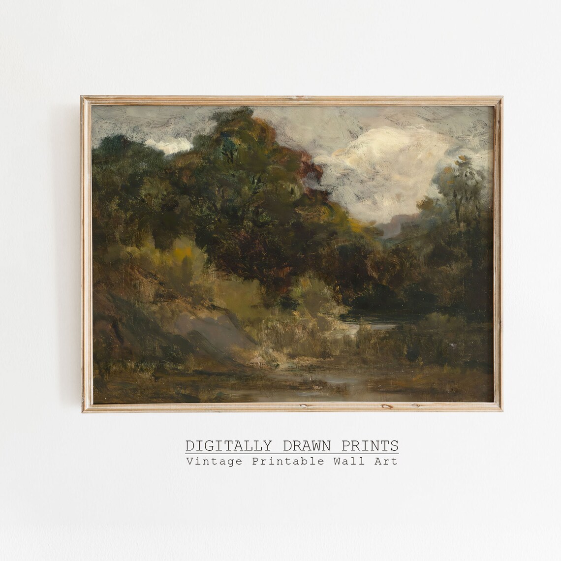 Moody Dark Forest Rocky Stream Cloudy Sky Vintage Landscape Painting Poster - Image 3