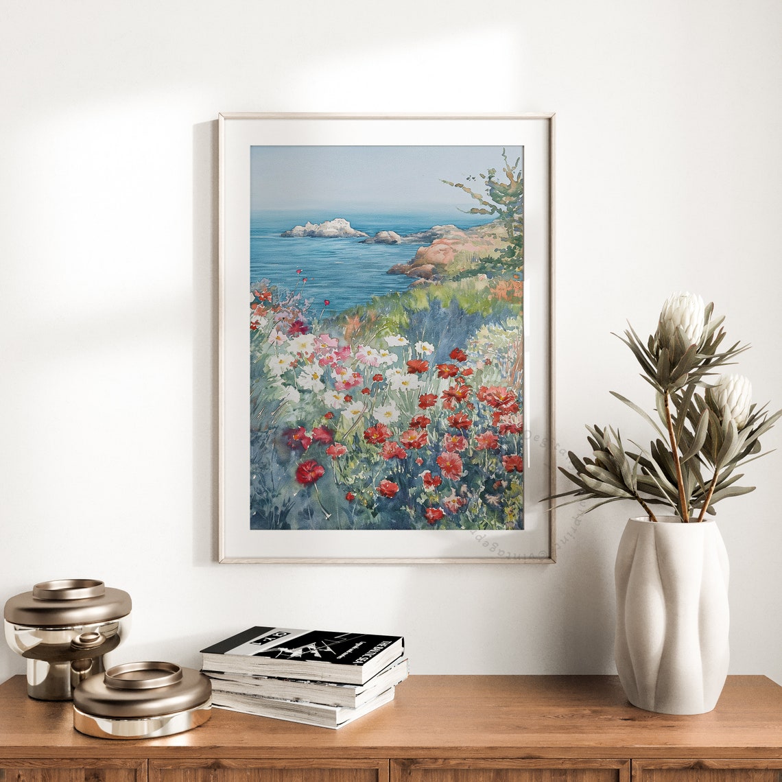 Coastal Wildflower Field Watercolor Red Cosmos Ocean View Poster - Image 3