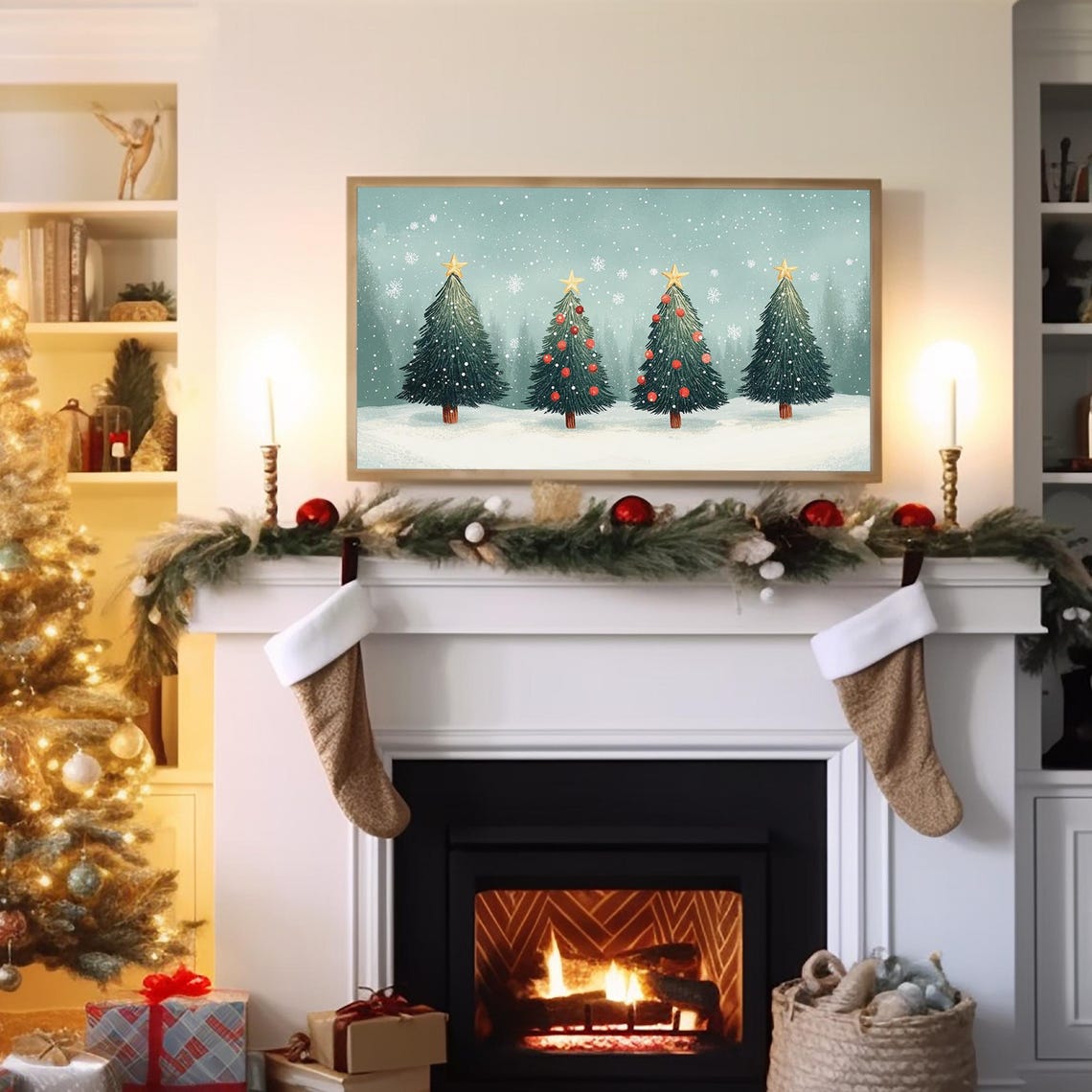 Decorated Christmas Trees Gold Star Teal Snowy Cozy Holiday Poster - Image 2