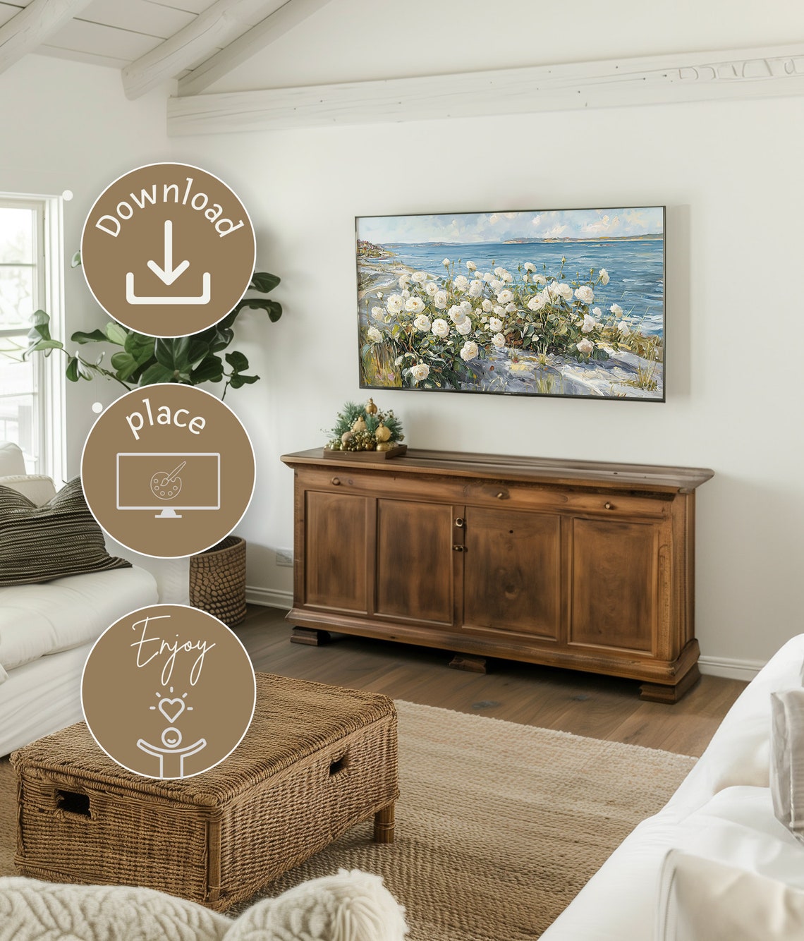 White Roses Rocky Shore Blue Ocean Coastal Floral Oil Poster - Image 3
