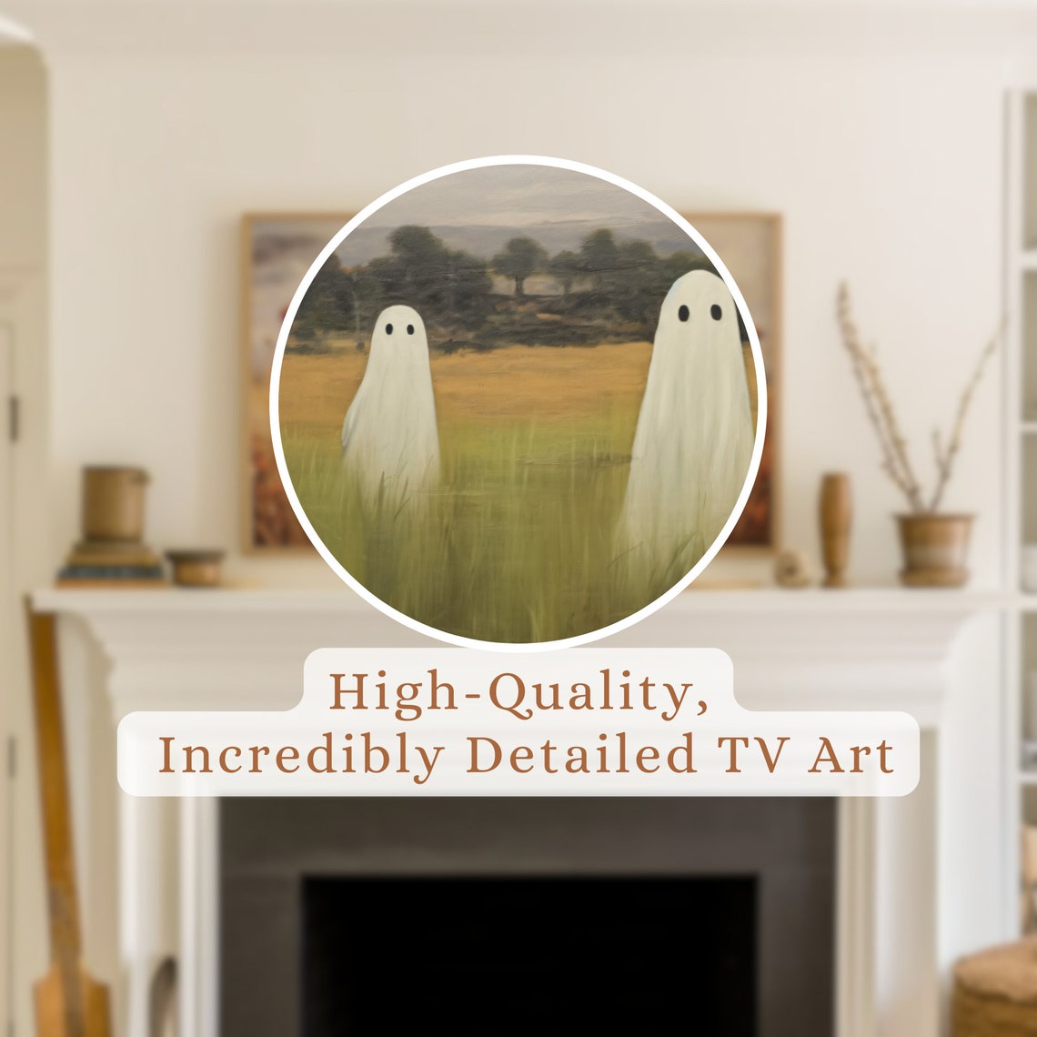 Cute Sheet Ghosts In Green Autumn Meadow Vintage Halloween Field Print - Image 2