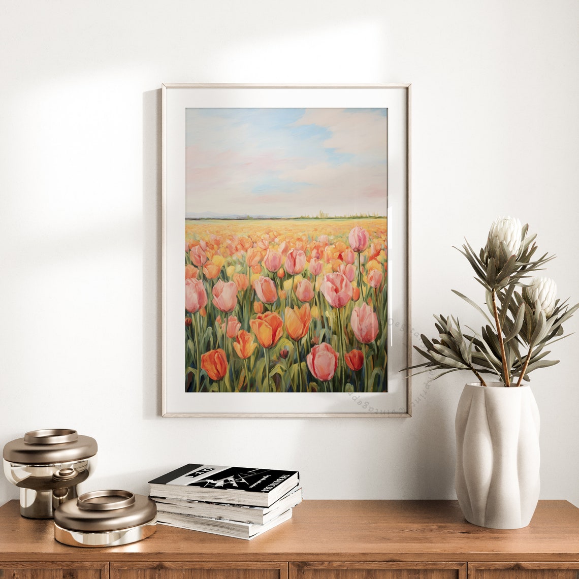 Pink and Orange Tulip Field Under Pastel Sky Spring Art Print - Image 3
