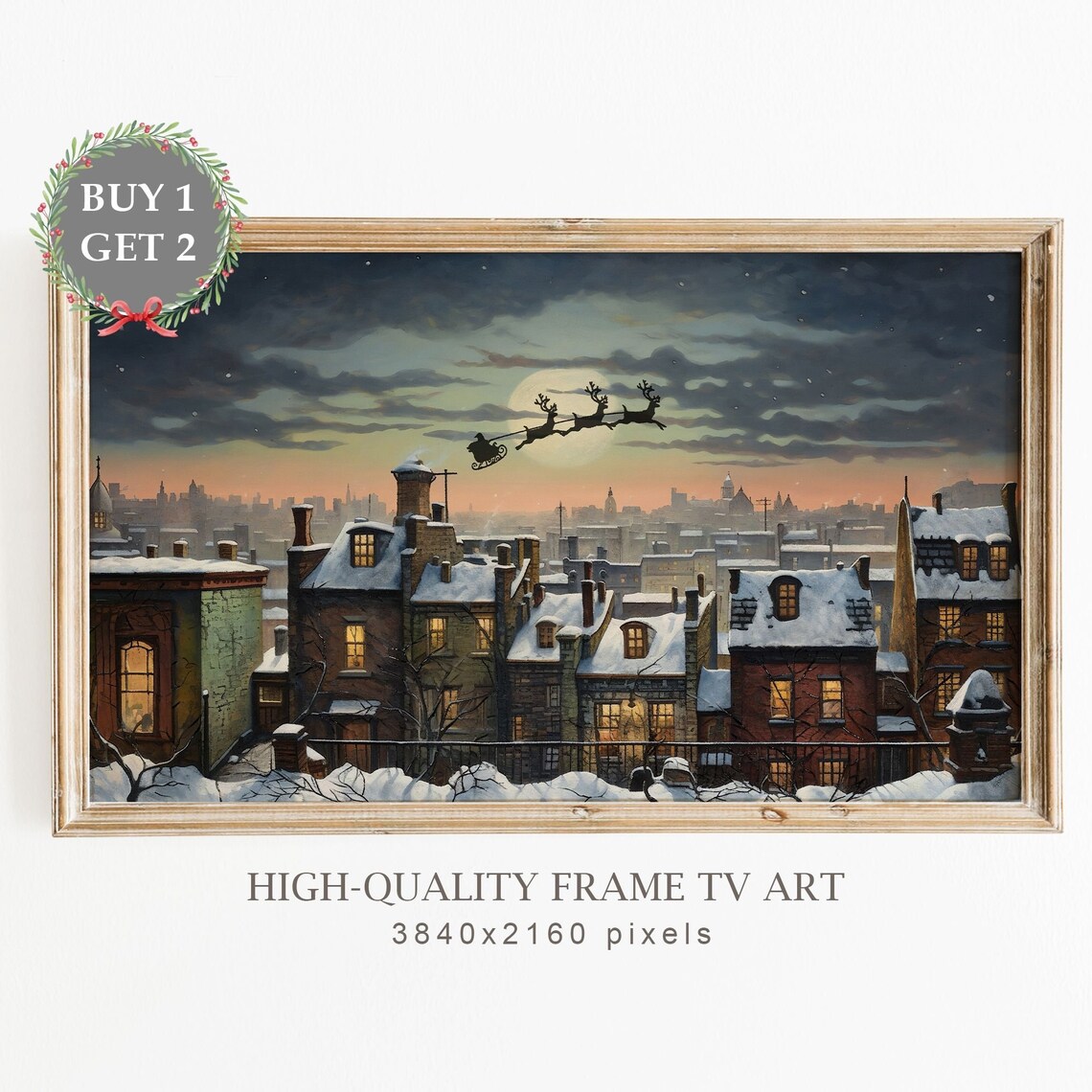 Christmas TV Frame Art, Santa Snowy Town Night