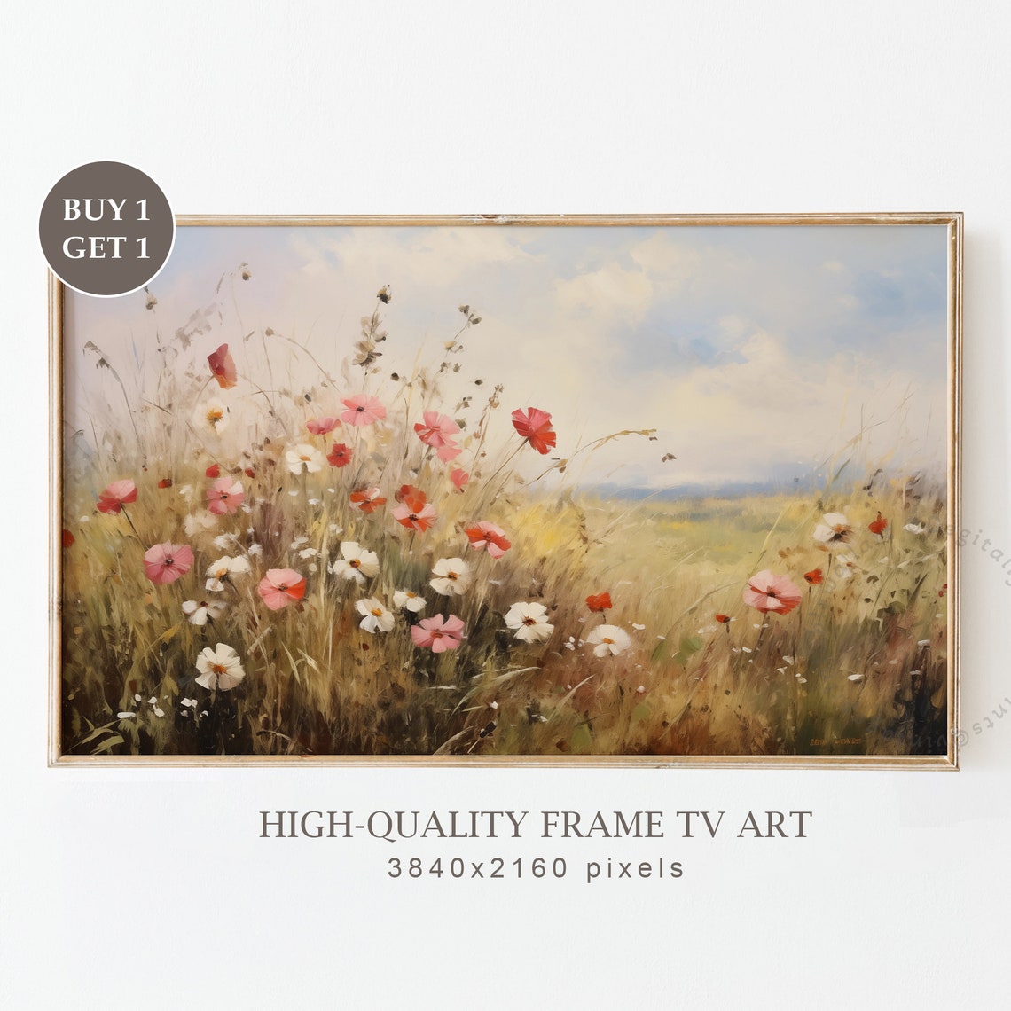 Pink Cosmos Wildflowers in Golden Grass Sunlit Meadow Wall Art