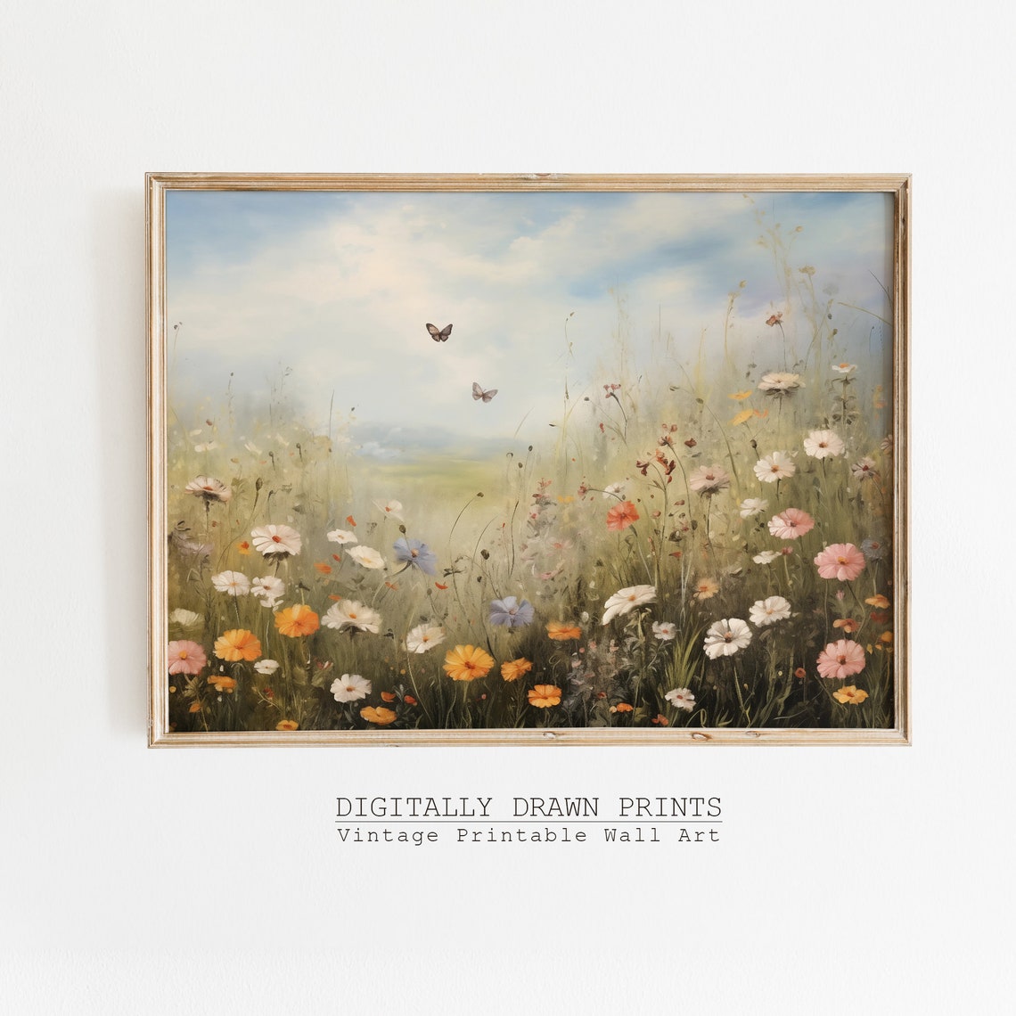 Wildflower Meadow with Butterflies Vintage Landscape Wall Art