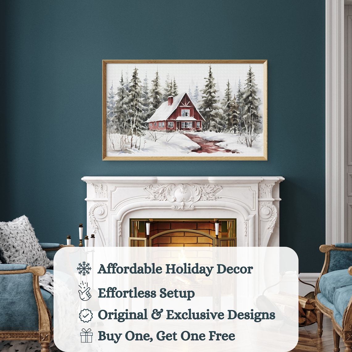 Red Barn Cabin In Snowy Winter Forest Watercolor Rustic Retreat Poster - Image 3