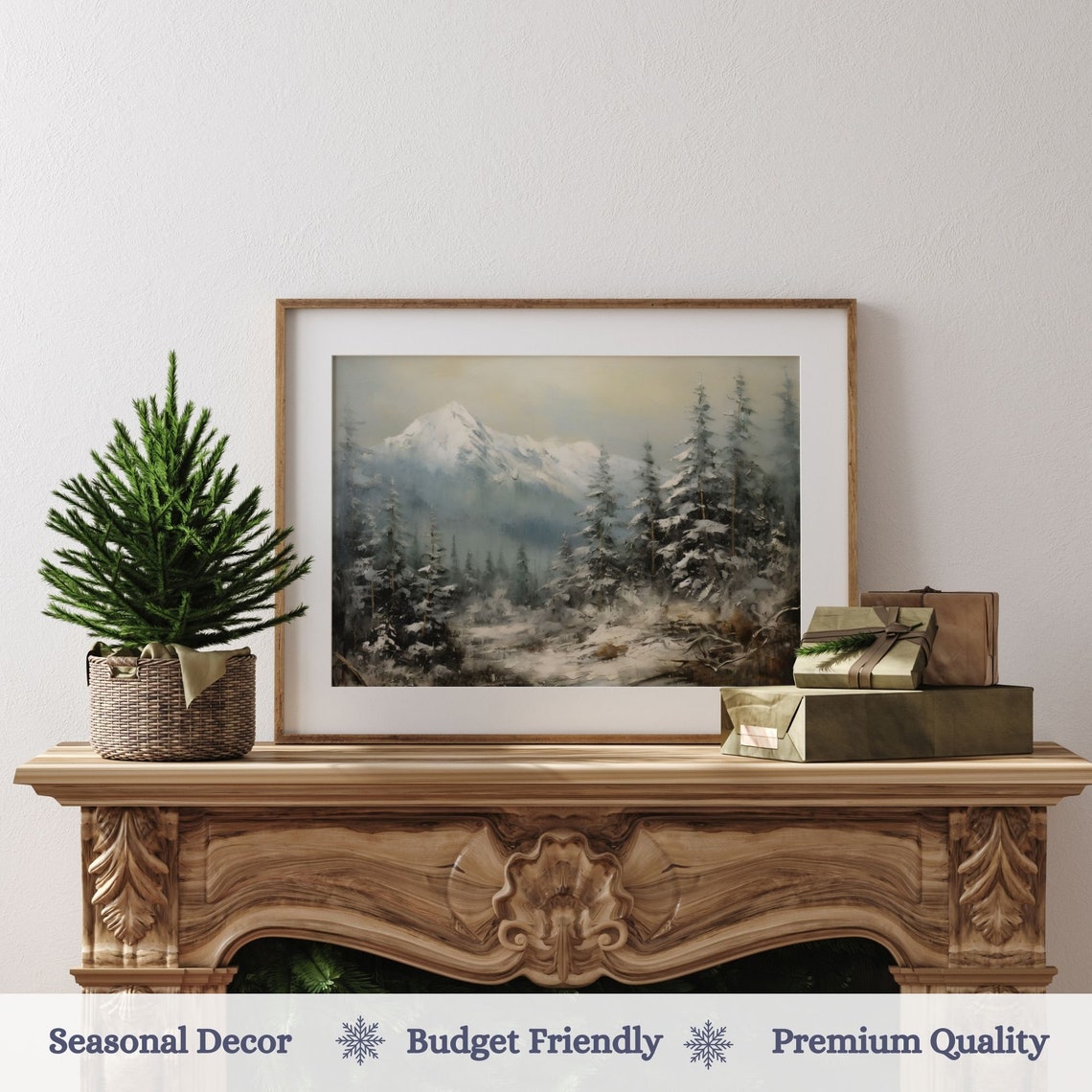 Snow Capped Mountain With Tall Pines Misty Winter Landscape Wall Art - Image 3