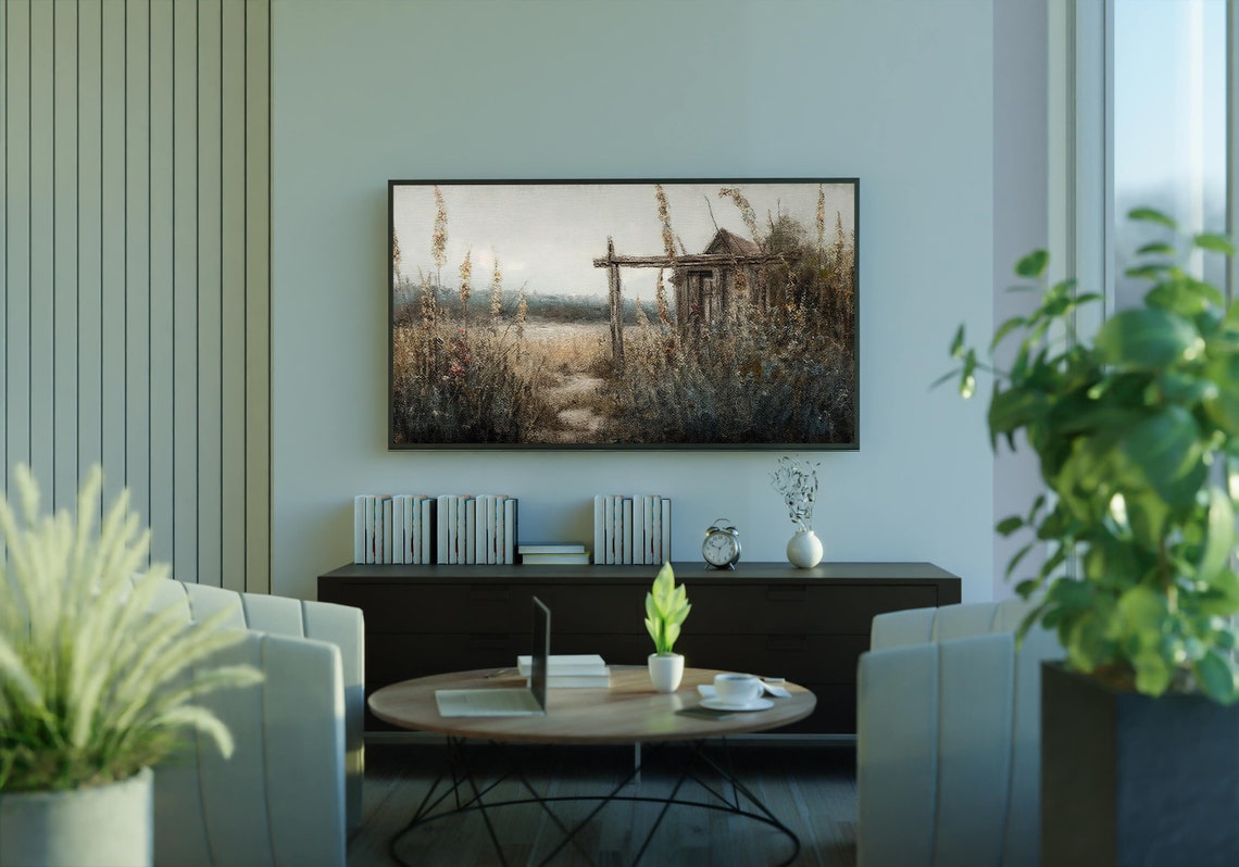 Moody Vintage Countryside Wooden Well Wild Meadow Landscape Poster - Image 3