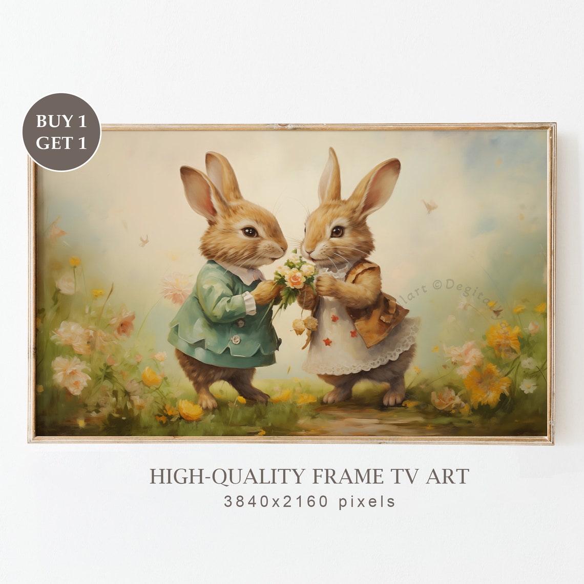Two Dressed Bunnies Sharing Flower Bouquet Vintage Meadow TV Poster