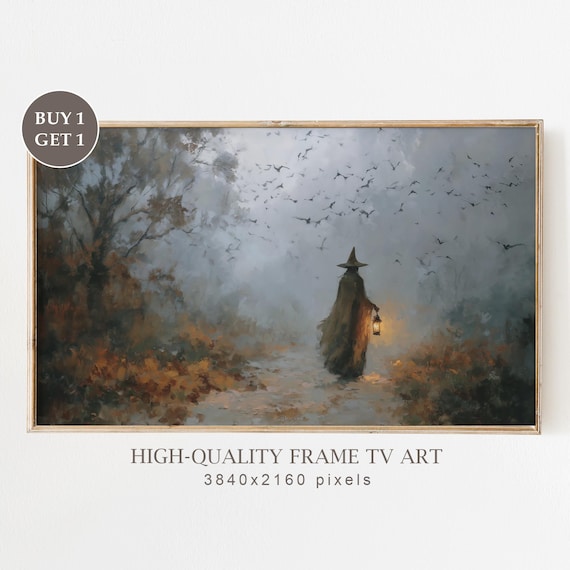 Witch In Autumn Forest Halloween Frame Tv Art Moody Painting Spooky Gothic Decor Samsung