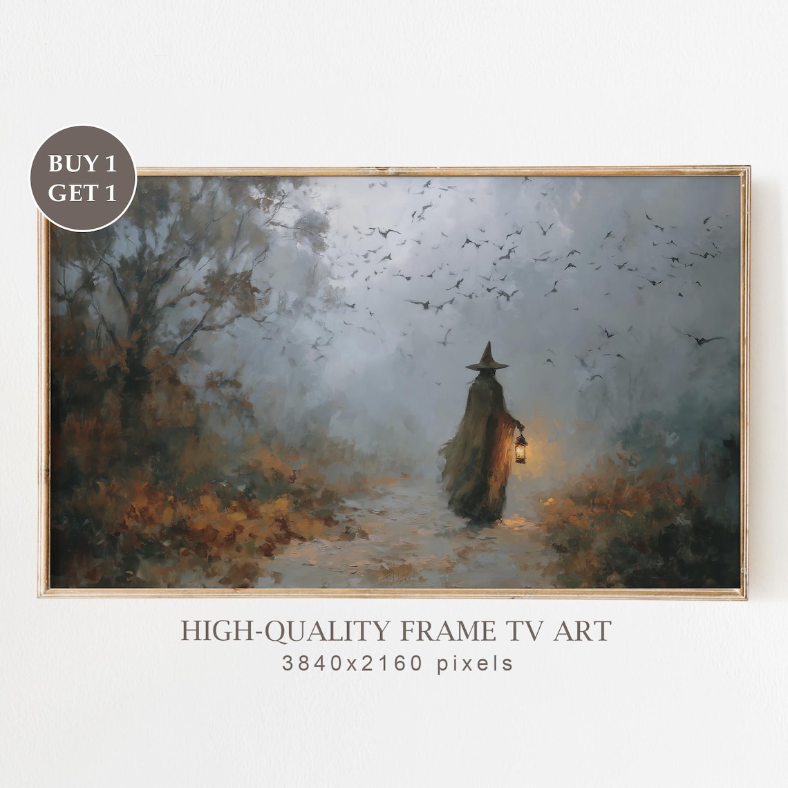 Witch In Autumn Forest Halloween Frame Tv Art Moody Painting Spooky Gothic Decor Samsung
