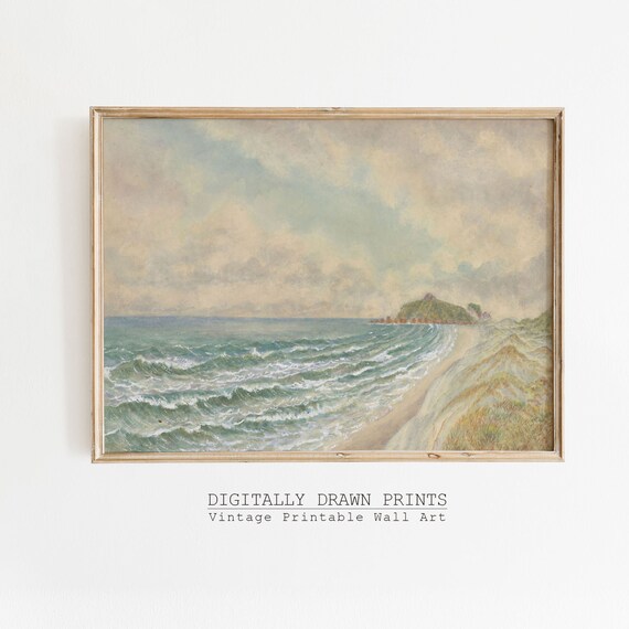 Ocean Waves Sandy Beach Green Headland Vintage Seascape Coastal Poster
