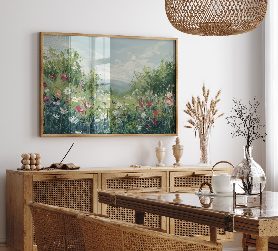 Spring Wildflower Meadow Lush Green Vintage Oil Painting Floral Wall Art - Image 2