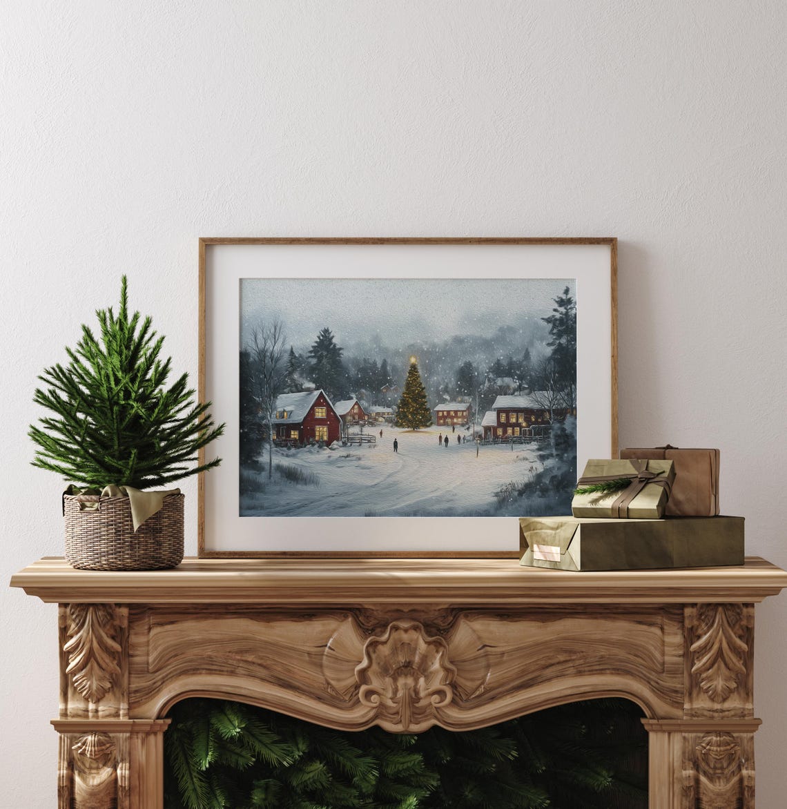 Snowy Christmas Village Lit Tree Red Houses Falling Snow Poster - Image 3
