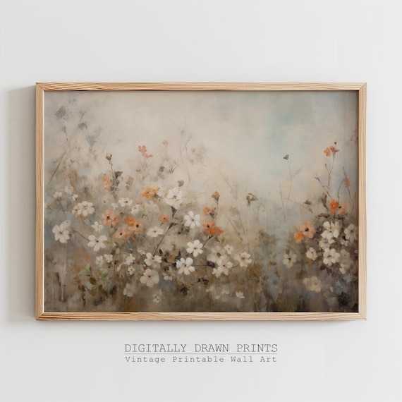 Muted Spring Wildflower Field Vintage Oil Painting Botanical Farmhouse Poster