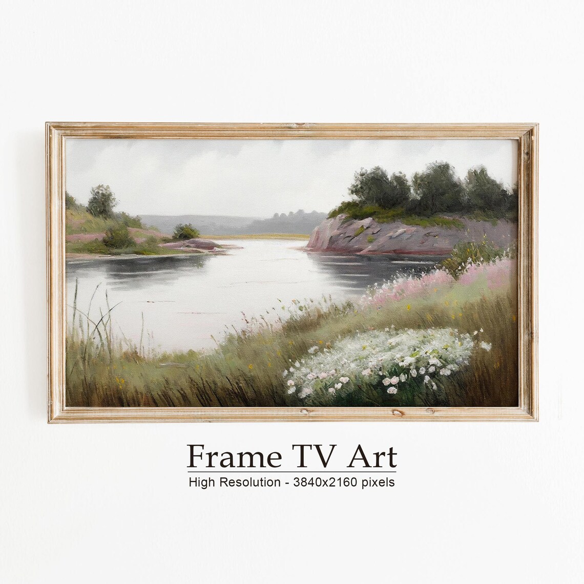 Spring Lake Wildflower Meadow, Vintage Oil Painting