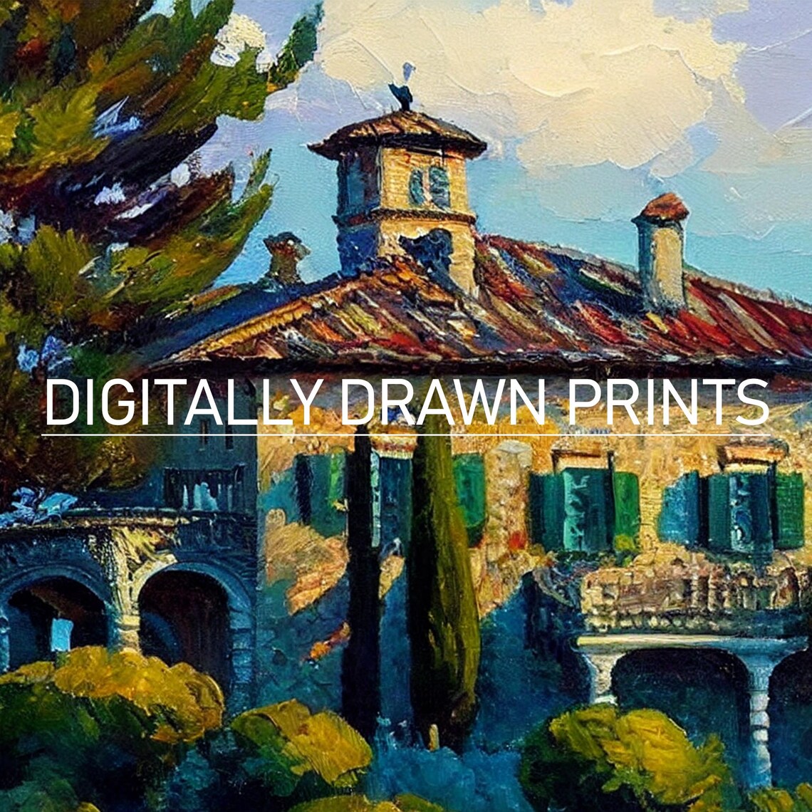 Vintage French Country European Villa Landscape Art Print - Image 3