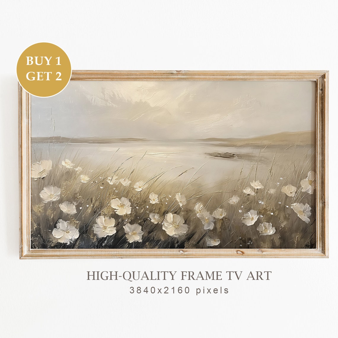 Neutral Beige Wildflowers Beach Dunes Soft Coastal Frame TV Art Print