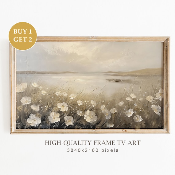 Neutral Beige Wildflowers Beach Dunes Soft Coastal Frame TV Art Print