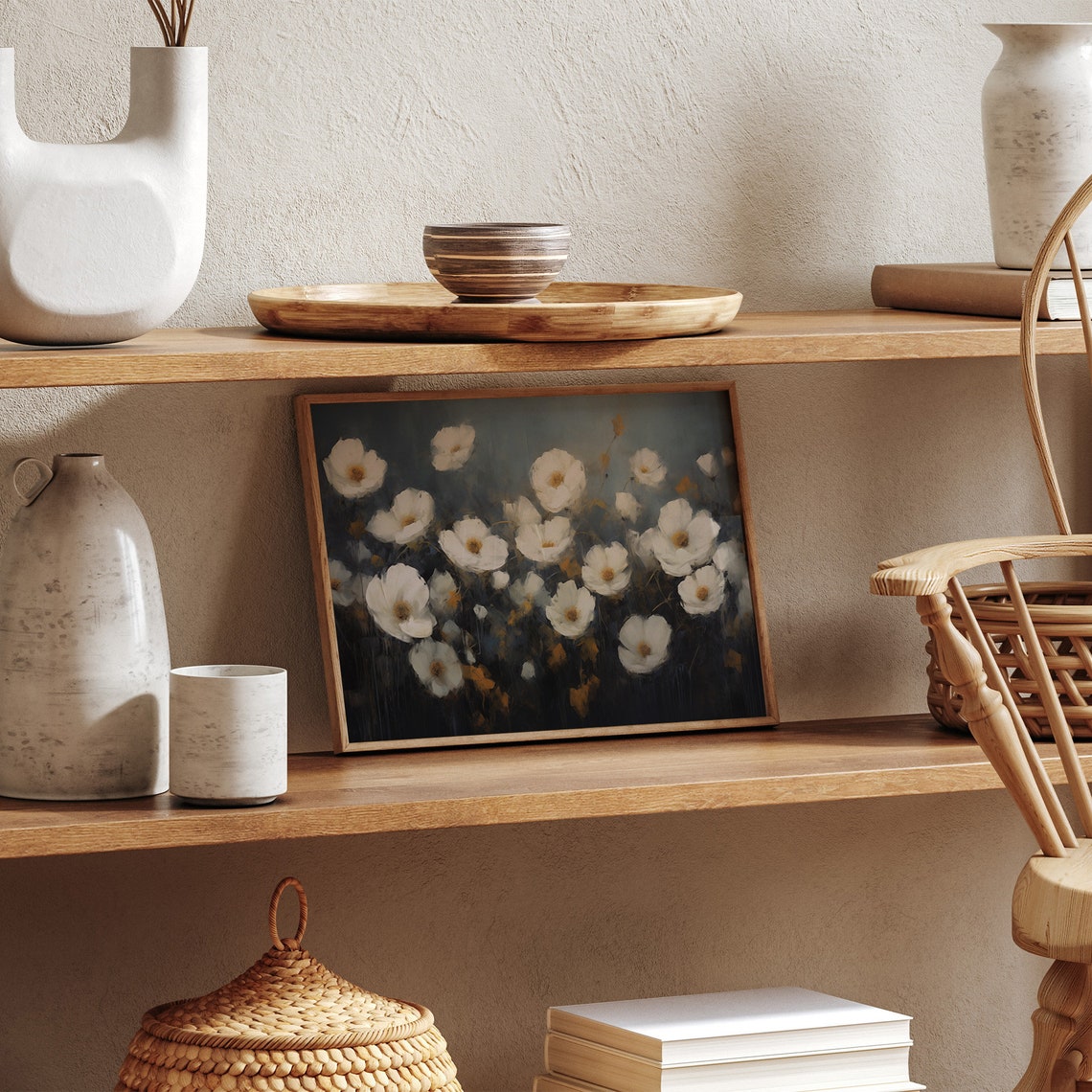 Moody White Cosmos Flowers on Dark Blue Rustic Botanical Print - Image 3