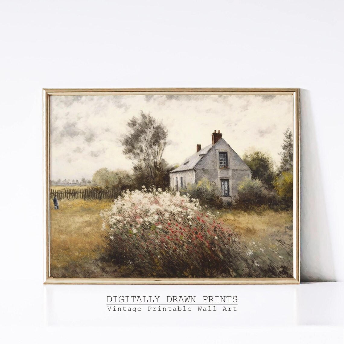 Cottage Oil Painting Rose Garden Vintage Art Print