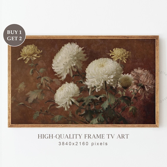 Chrysanthemums Autumn Tv Art Vintage Botanical Floral Painting For Frame Dark Rustic Fall Wall Decor