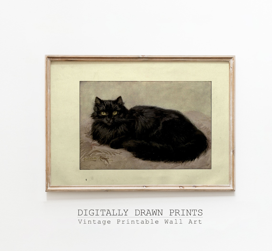 Antique Black Long Haired Cat Portrait Vintage Feline Painting Print