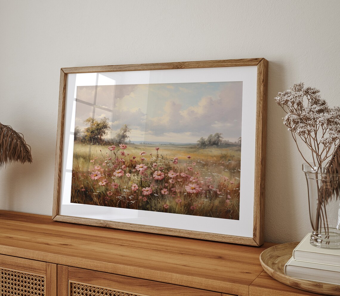 Wildflower Field Landscape, Vintage Oil Painting Print - Image 4