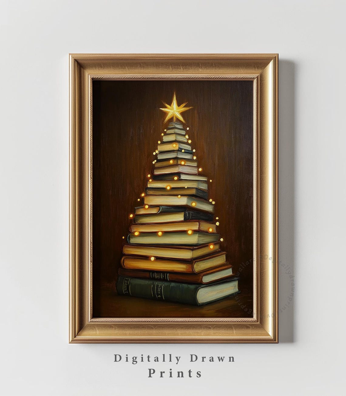 Book Stack Christmas Tree Lights Golden Star Dark Academia Poster - Image 2