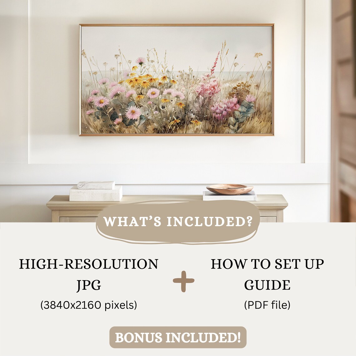 Neutral Wildflowers Autumn Landscape Art Print - Image 3