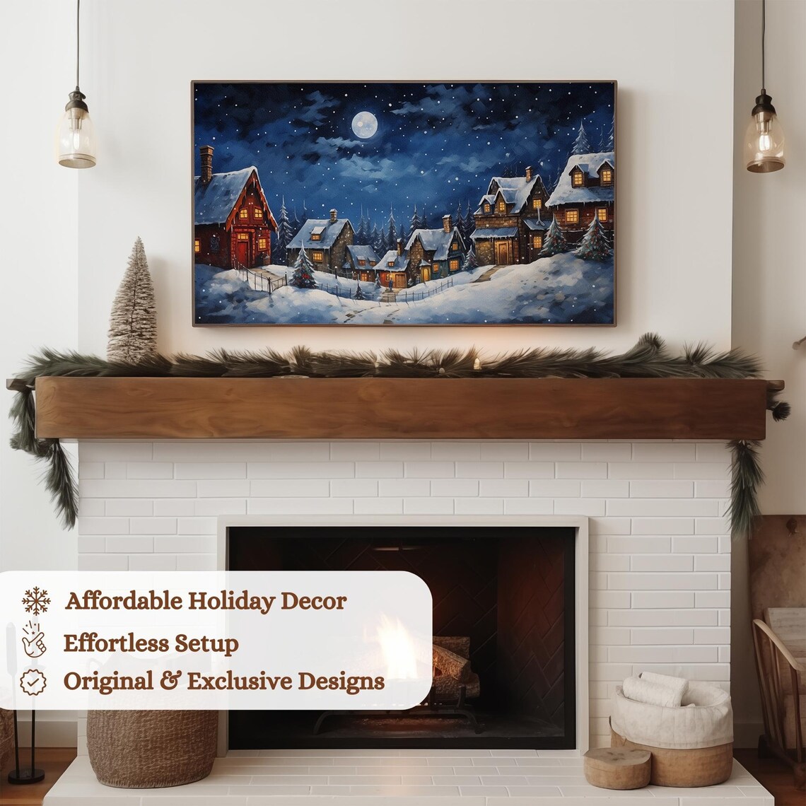 Moonlit Snowy Village Night Winter Wonderland Scene Art Poster - Image 3