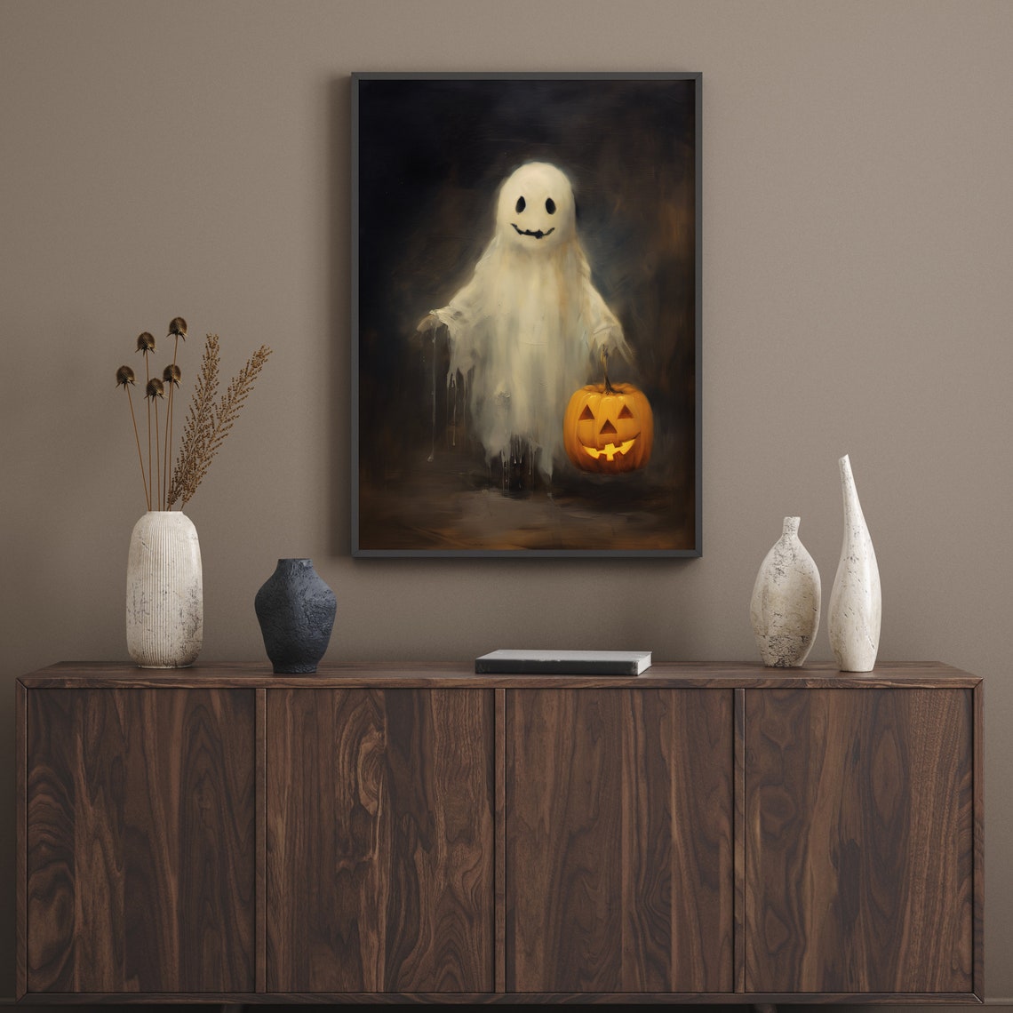 Vintage Ghost Holding Glowing Jack O Lantern Dark Halloween Art Print - Image 3