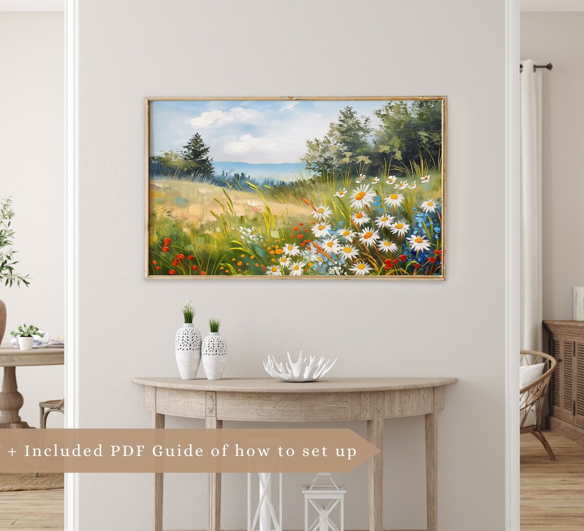 Sunny Summer Wildflower Meadow Daisies Lake Trees Vintage Landscape Poster - Image 3
