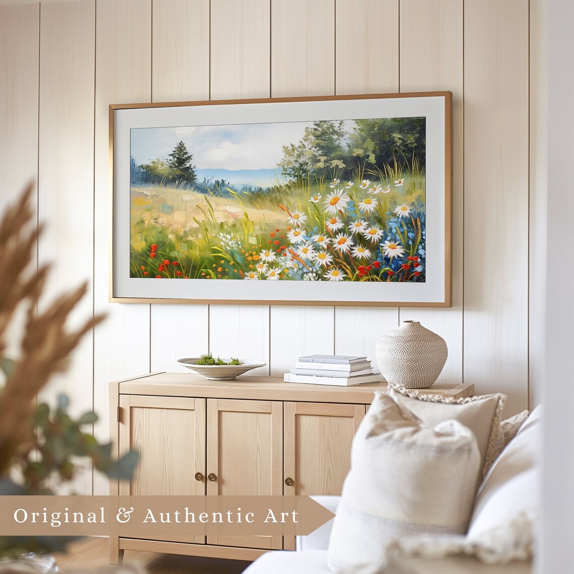Sunny Summer Wildflower Meadow Daisies Lake Trees Vintage Landscape Poster - Image 4