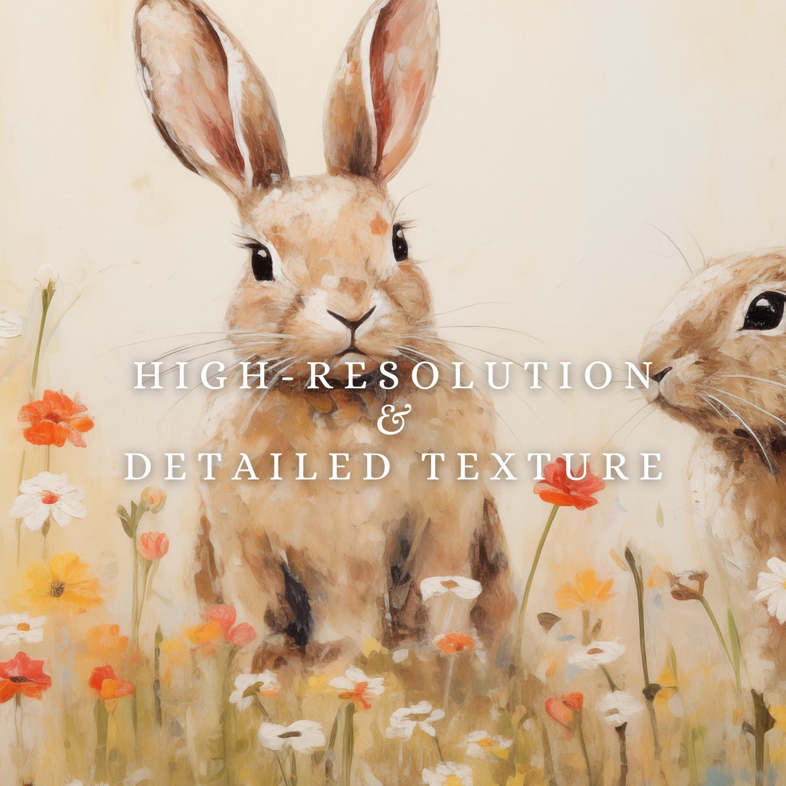 Two Bunnies in Red and White Wildflower Field Easter Art Print - Image 3