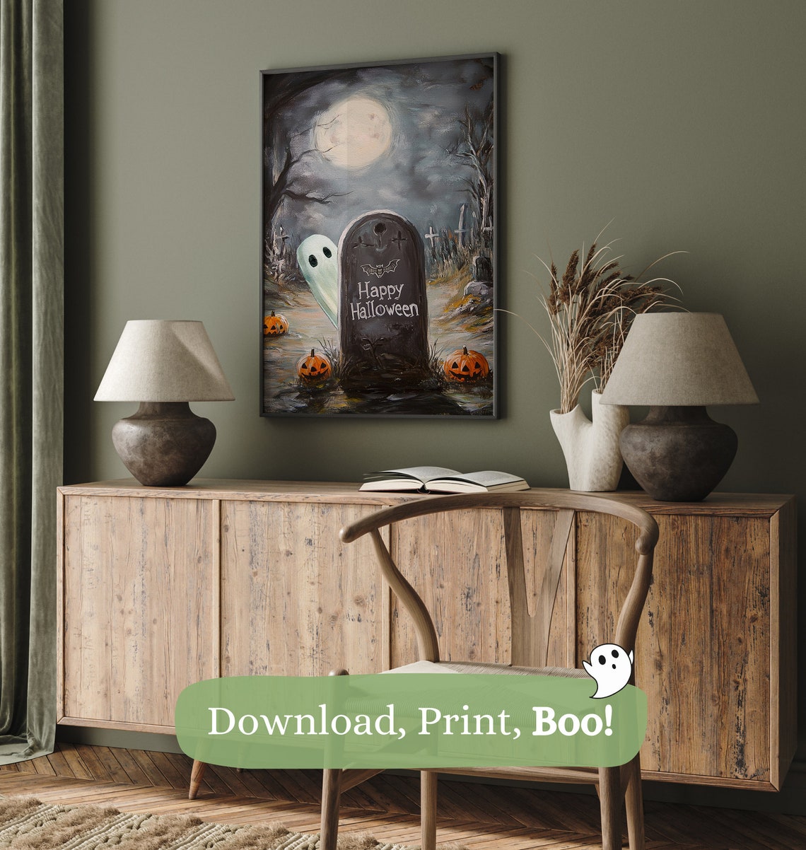 Cute Ghost Behind Happy Halloween Tombstone Pumpkin Graveyard Poster - Image 3