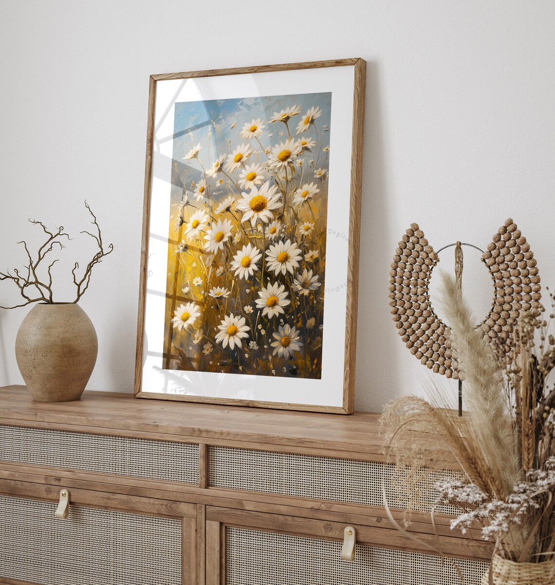 White Daisies Golden Field Blue Sky Vintage Wildflower Oil Print - Image 2